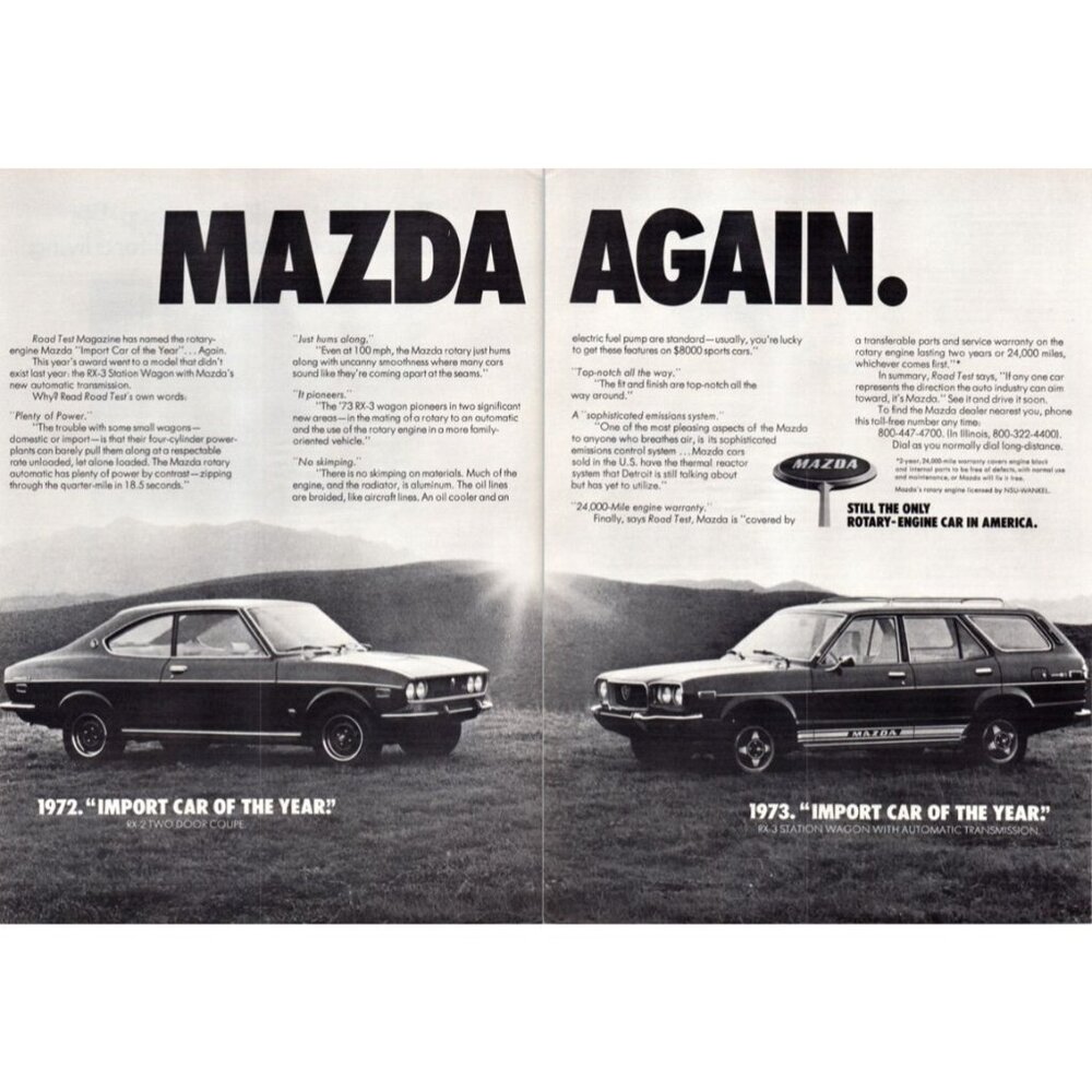 1973 Mazda RX-2 Coupe RX-3 Station Wagon 2 Page Vintage Print Ad 70s Wall Art